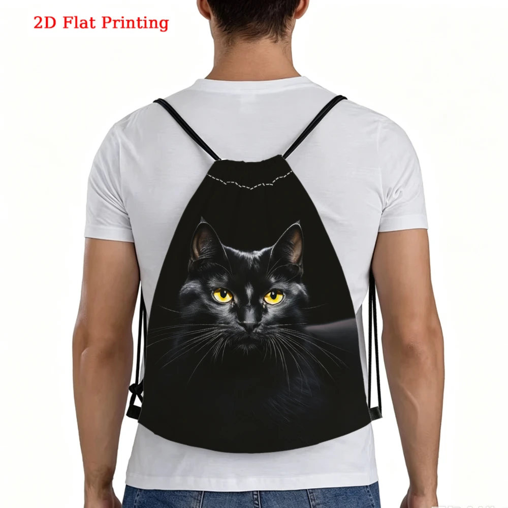 Cute, Drawstring Backpack, Black Cat 2D Flat Printing, Gym Sports Bag, Outdoor Travel Cinch Sack