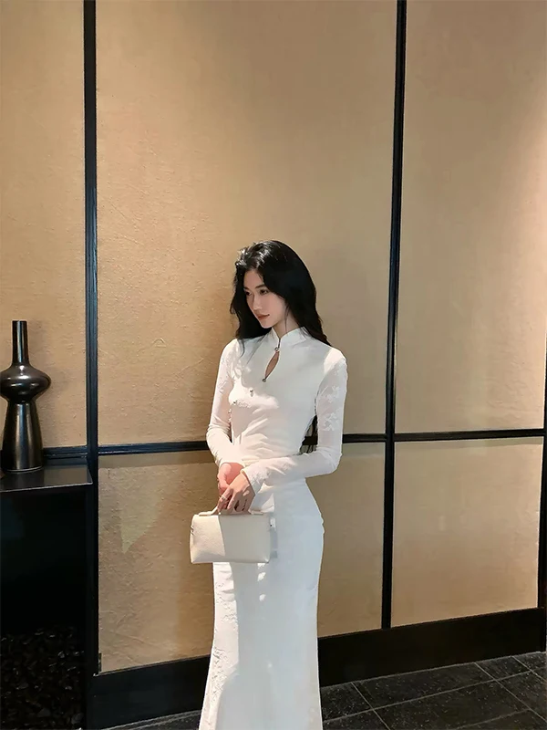 

Ele New Chinese Sle Velvet Qipao Dr Women's Early Spring New Model Slimming Long Skirt Vintage Faion Long Sve