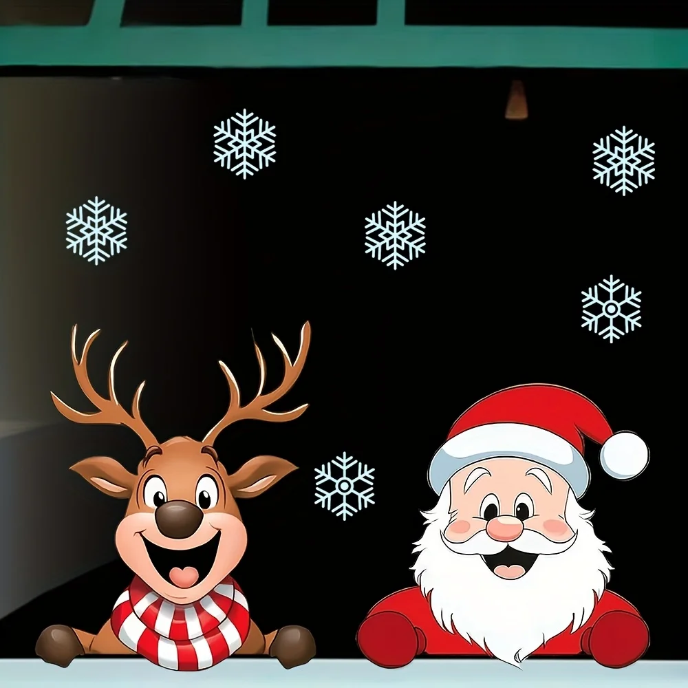 ملصقات نافذة عيد الميلاد الاحتفالية - شارات الرنة والسانتا كلوز ورقاقات الثلج لتزيين حفلات العطلات، ملصق كهربائي