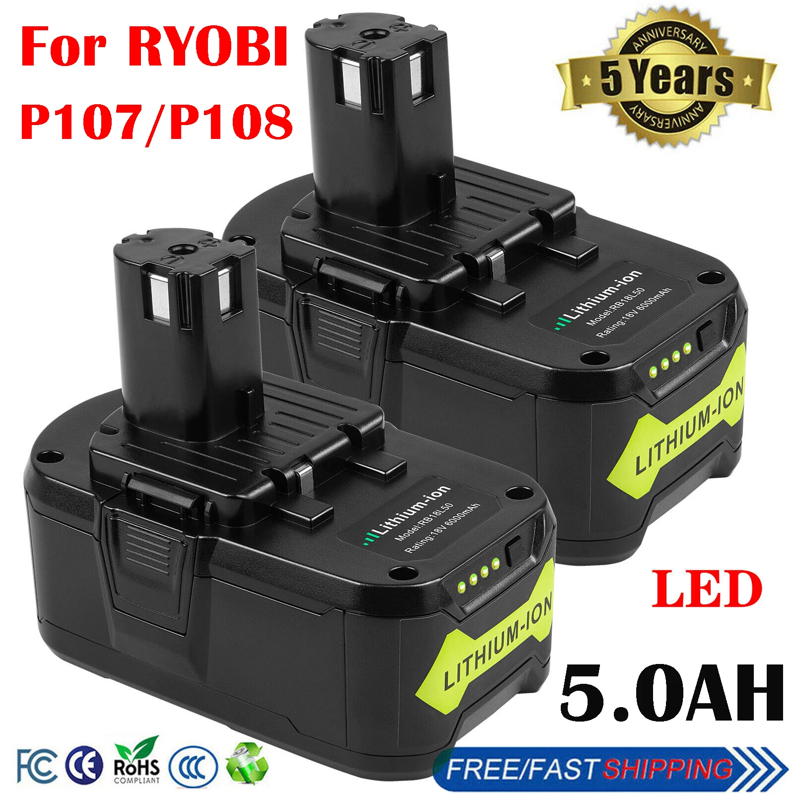 5Ah For P108 18V One+ Plus Lithium-Ion Batterie RB18L50 Battery and NiCad Battery Charger P104 P107 RB18L50 RB18L20 Power Tools