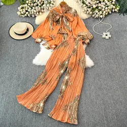 Jarlrysberg Autumn new fashion For women Irregular Loose orange print long sleeved shirt pleated wide leg pants two-piece set