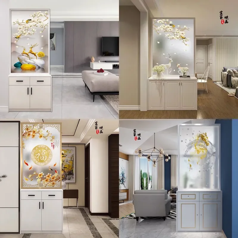 Modern Entryway Shoe Cabinet with Art Glass Partition Screen for Living Room Bathroom Home Storage and Space Divider
