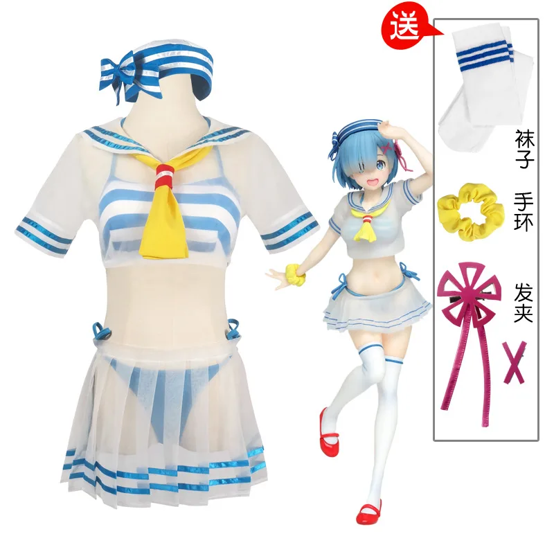 Anime Re:Zero Rem Cosplay Costume Women Halloween Role Play Sexy Swimsuit Blue Sailor Suit Top Skirt Full Set