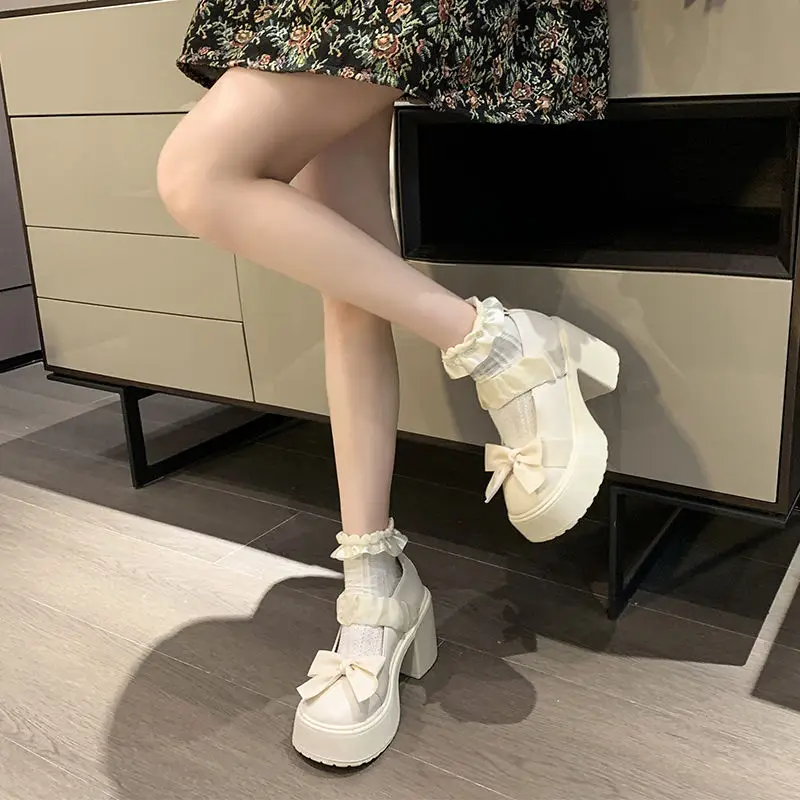 

Japanese Style Platform Mary Jane Shoes Women 2025 New Arrival Summer Pearl Bow French High Heel Leather Shoes