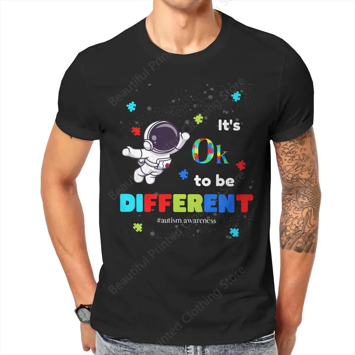 

Couple T-Shirt It's OKay To Be Different Autism Awareness Space Astronaut Kids Funny Printing T-Shirts Crewneck Breathable Tee