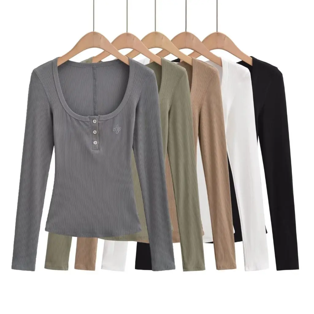 

American Hot Girl Style Pure Desire Square Collar Slimming T-Shirt Long Sleeve Basic Split Design Top for Autumn