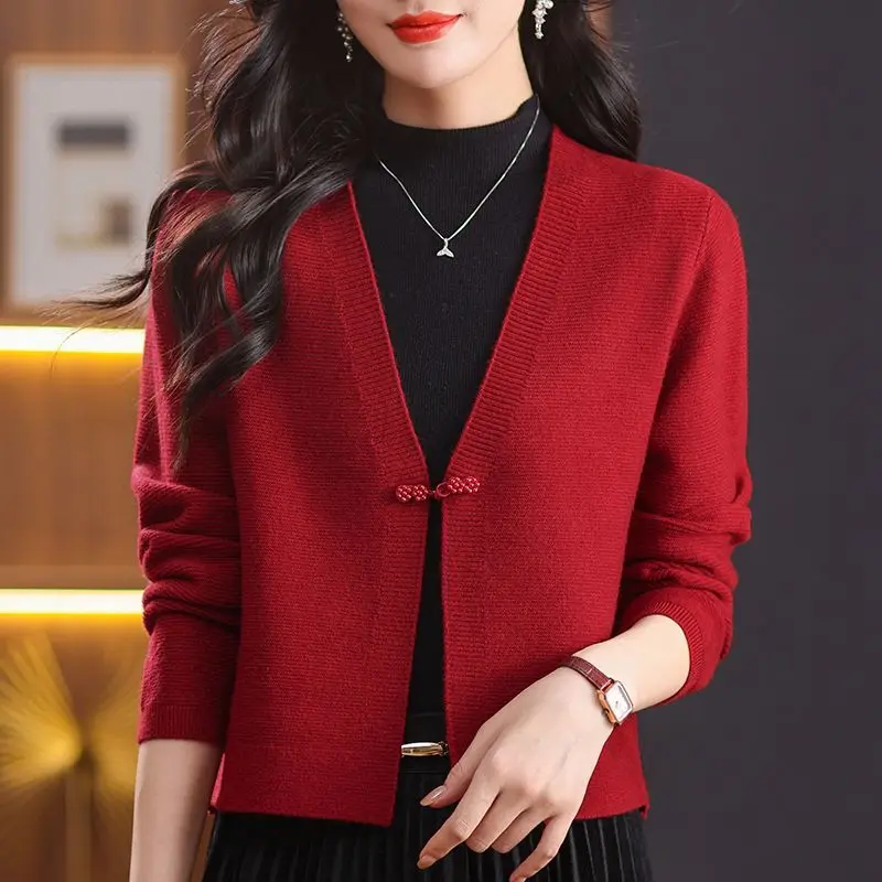 Women Chinese Style Frog Button Knit Cardigan Spring Autumn V Neck Short Cropped Sweater Shawl Coat For Cheongsam Match