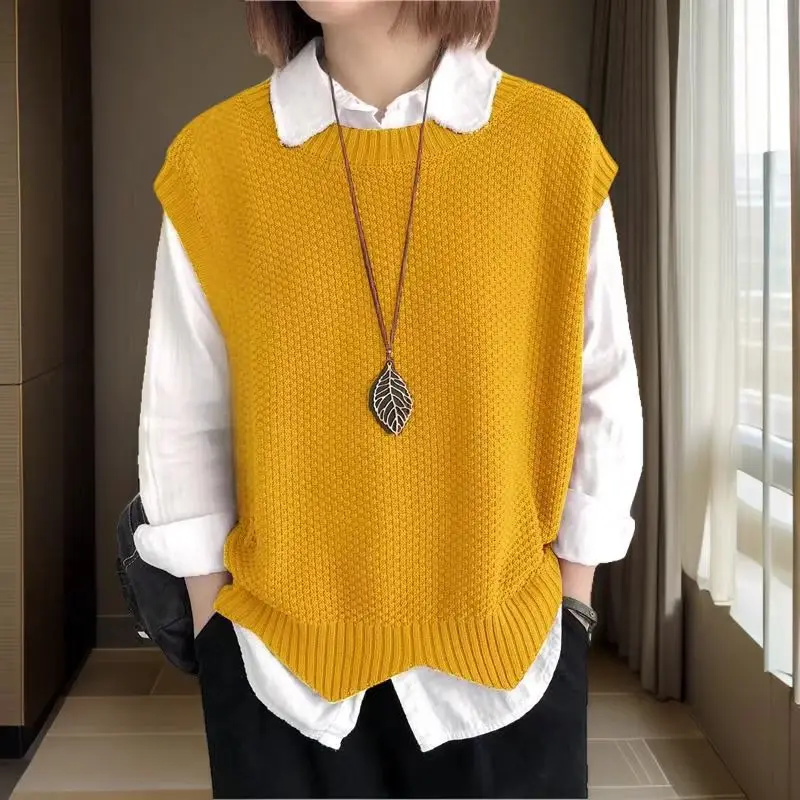 

New Knitted Vests Women Spring Autumn Solid Loose O-neck Irregular Hem Pullover Sweaters Outerwear Simple Office Lady Fashion