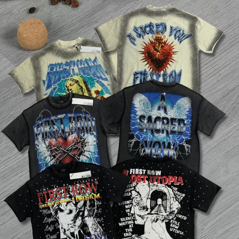 High Quality Hot Drill FIRST ROW Tshirt Vintage Street Y2K Washed Graffiti Cotton Short Sleeve Loose Men Women Tee Fast Shipping