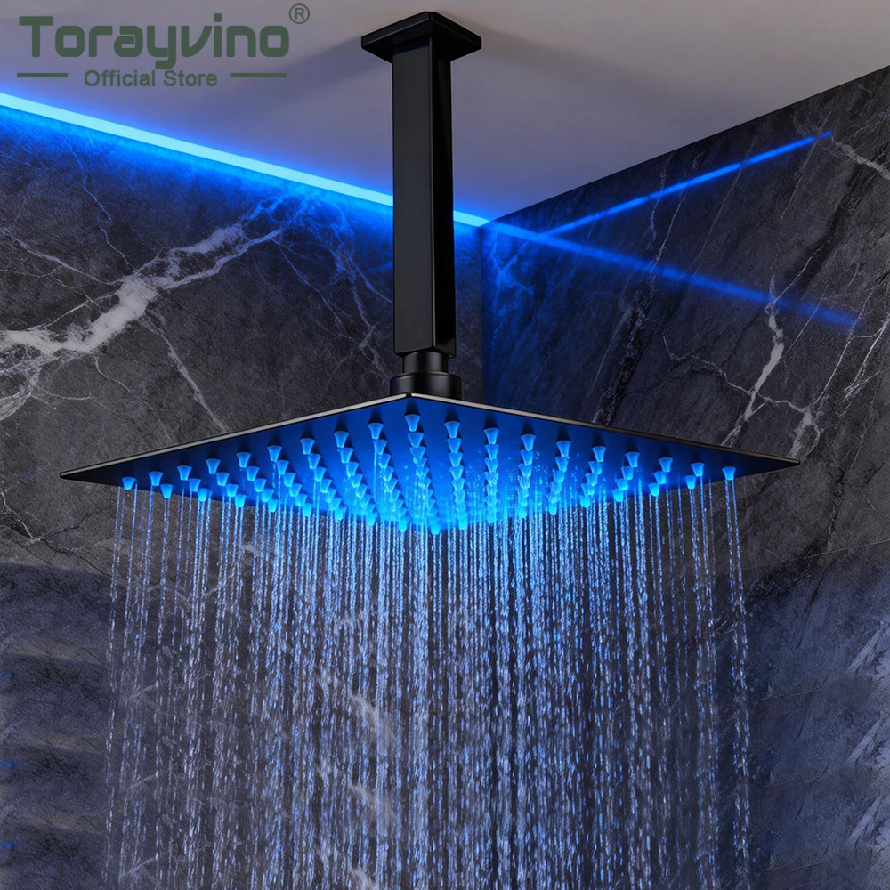 

Душевая лейка Torayvino 8/16 дюймов, светодиодная, с эффектом тропического ливня, из нержавеющей стали, ультратонкая, матовая черная, круглая и квадратная