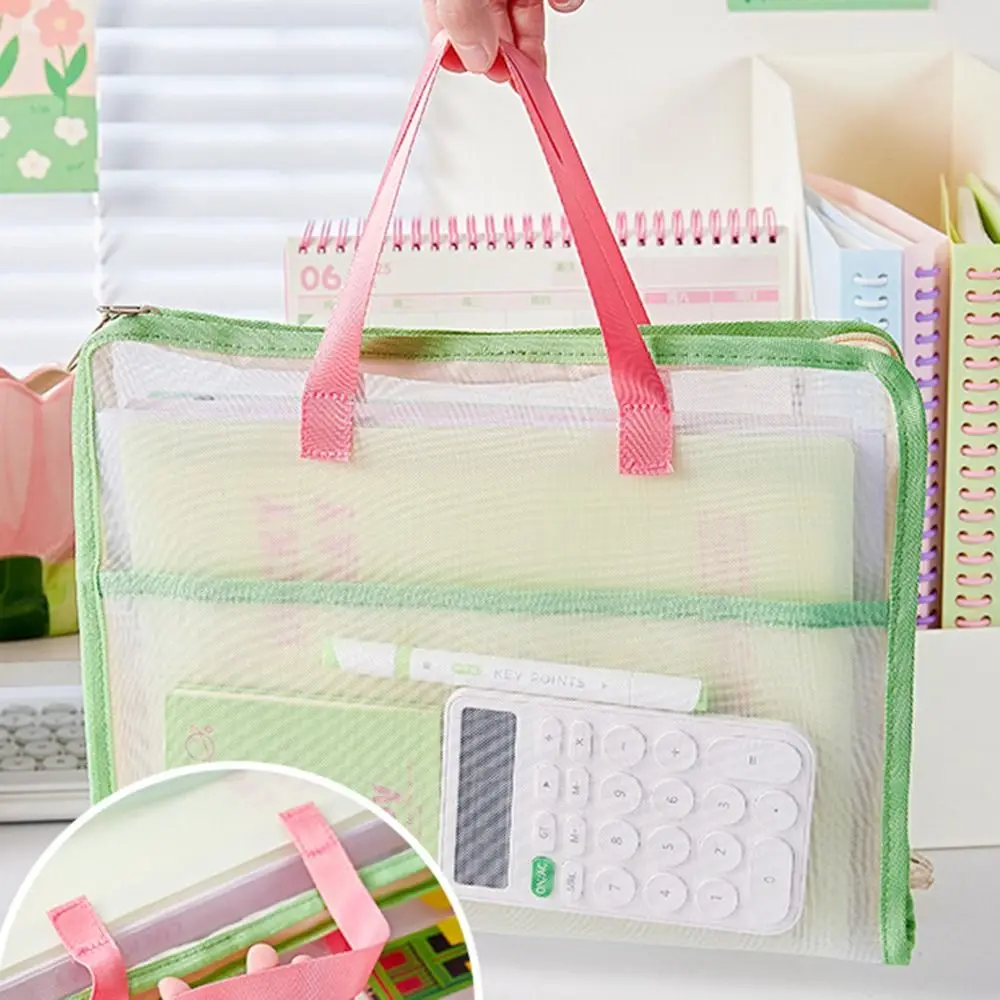 Candy Color Test Paper Storage Bag Multifunctional Visible Zipper Mesh Bags Portable Large Capacity Student Tote Bags