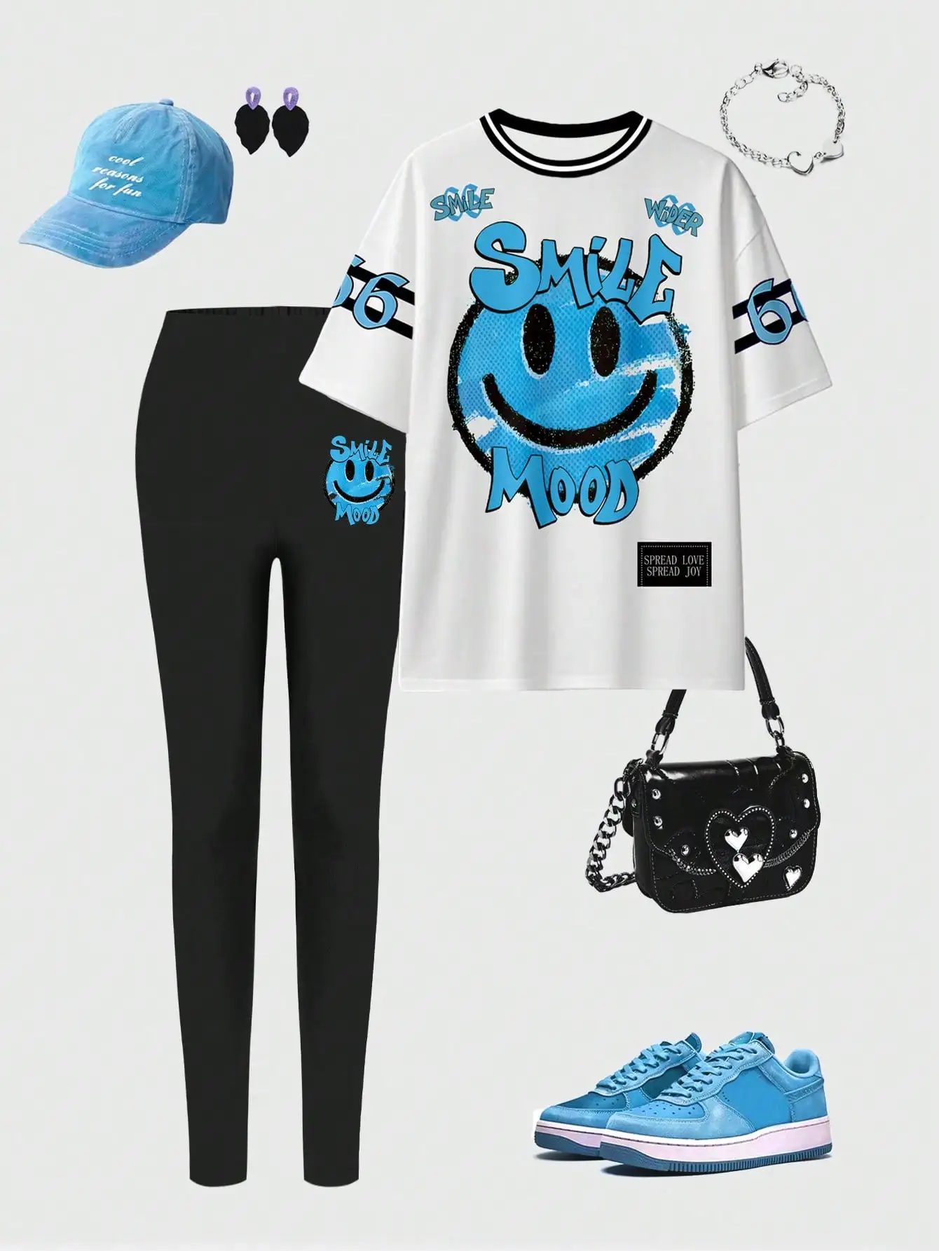 Set da 2 pezzi con t-shirt e leggings con grafica Smile Mood da donna, outfit casual streetwear