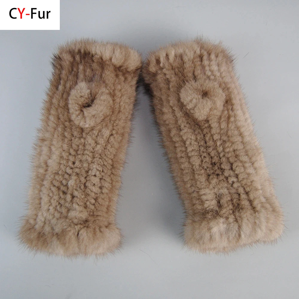 Top Quality Women's 100% Winter Warm Real Mink Fur Knitted Half Finger Gloves Girls Typing Mittens