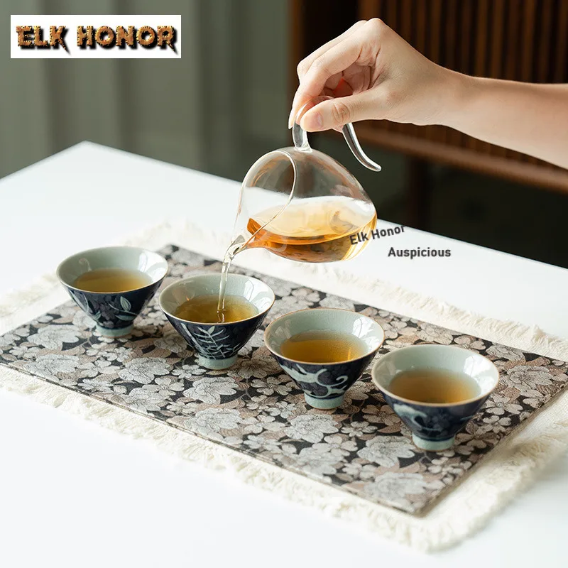 4pc/set Pure Hand-painted Sapphire Blue Teacup Elegant Tea Bowl Tea Pair Tea-tasting Meditation Cup Chazhan Master Cups Teaware