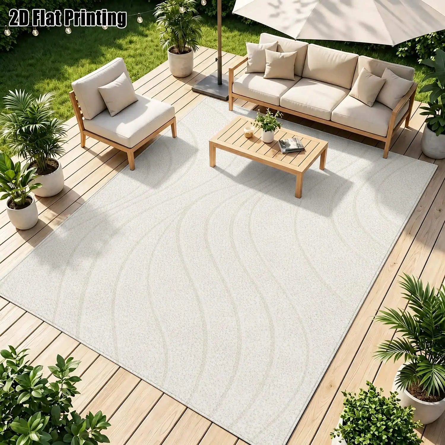 1Pc 2D Printed Beige-White Abstract Wave Nordic Minimalist Geometric Striped Instagram Home Decor Carpet, Multi-Size Machine Washable Floor Mat for Entrance, Dining, Foyer, Bedroom, Living Room