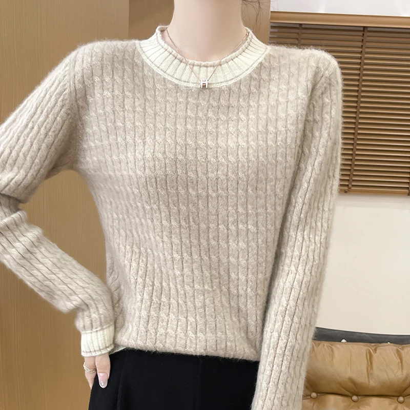 

100% Merino Wool Soft Twisted Sweater Women Color Blocked Round Neck Thick Pullover Autumn Winter Basis Casual Cashmere Knit Top
