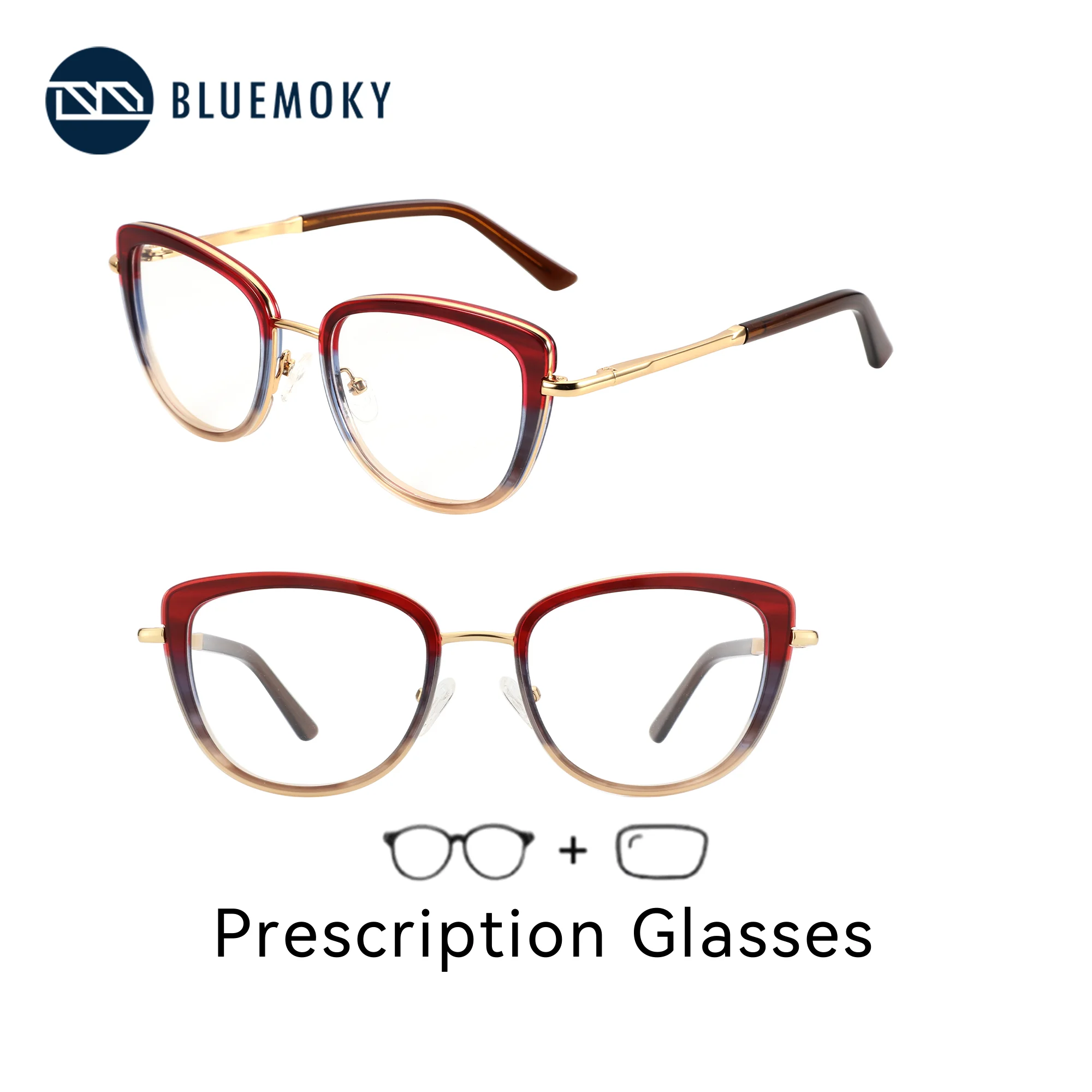 

BLUEMOKY XL Size Trendy Cat Eye Prescription Glasses Women Metal And Acetate Frame For Myopia With Blue Light Blocking Optical