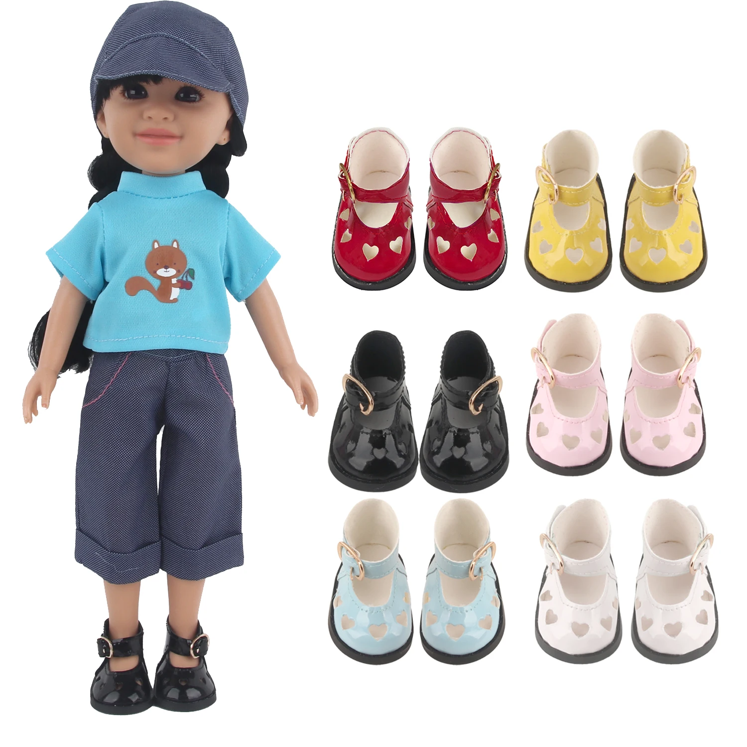 Zapatos de piel sintética para muñeca, botas americanas de 5,5 CM para muñeca de 14 pulgadas, zapatos con lazo de corazón ahuecado para muñeca de