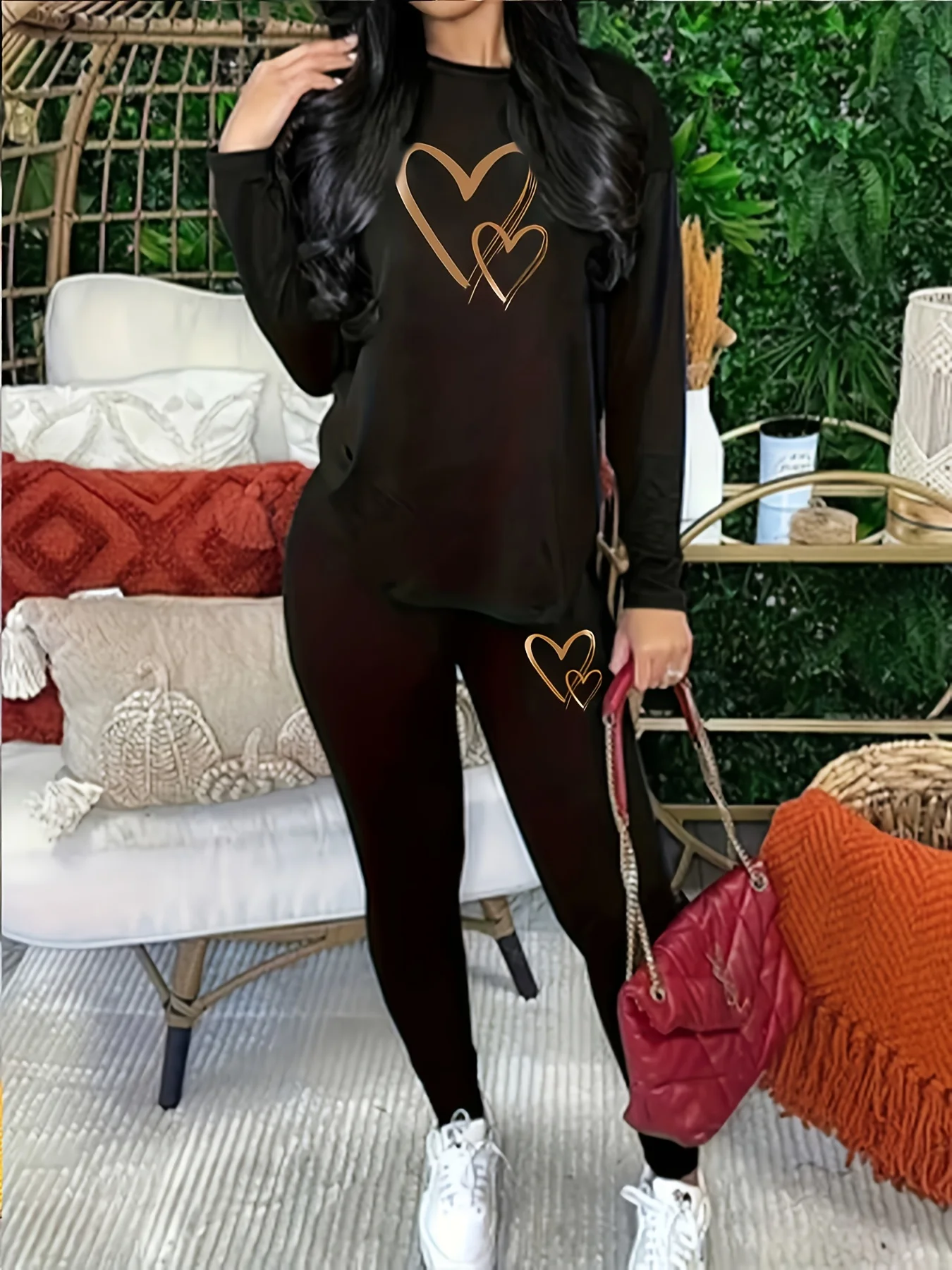 Damen-Set, Sommer, lässig, elegant, Rundhalsausschnitt, herzförmiger Aufdruck, langärmeliges Oberteil + einfarbige Hose mit herzförmigem Aufdruck. – Detail 5