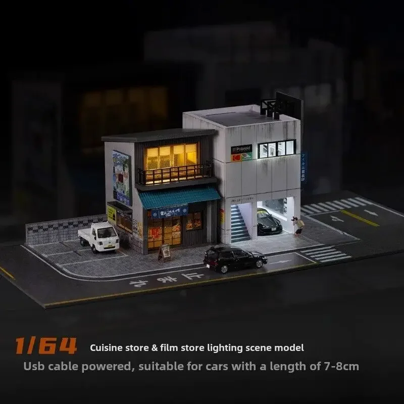 

X-T 1/64 Car Garage Model LED Lighting Cuisine Shop Japan City Car Parking Lot Scene Display Model
