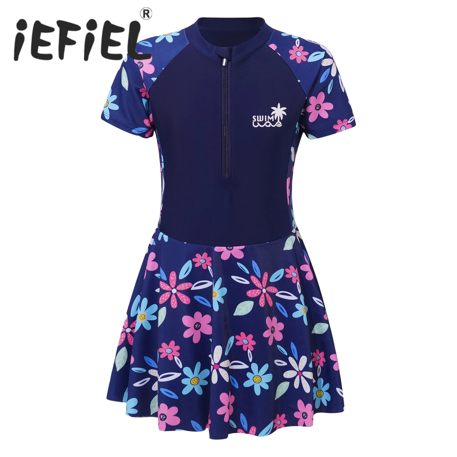 

Kids Girls Swim Dress One-piece Swimsuit Beachwear Swimwear Dress Short Sleeves Front Zipper Short Swimming Bathing Rash Guard