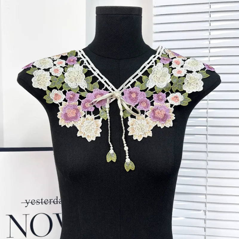

Весенне-летняя новинка: вышитый кружевной воротник-имитация с цветами, женский, с разноцветными лепестками, ажурный воротник на плечи, для самостоятельного изготовления одежды и аксессуаров