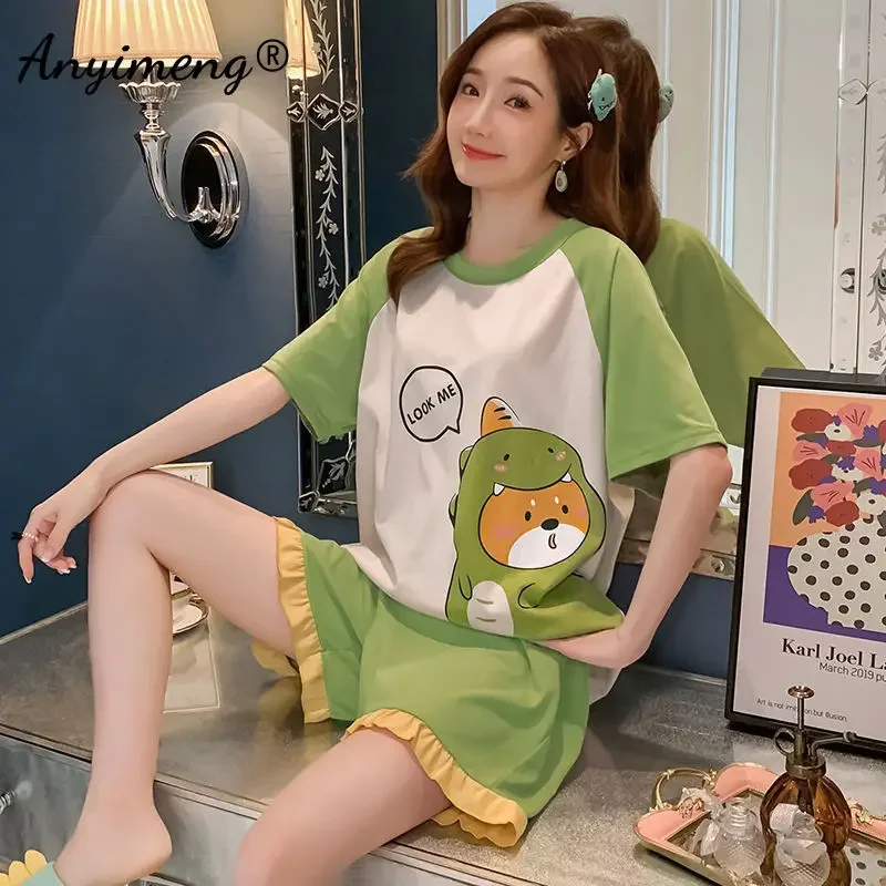 Kawaii Cartoon Dinosaur pigiama Set per donna estate M-5XL ragazze pantaloncini moda Loungewear donna Cute Pijamas Lady Sleepwear