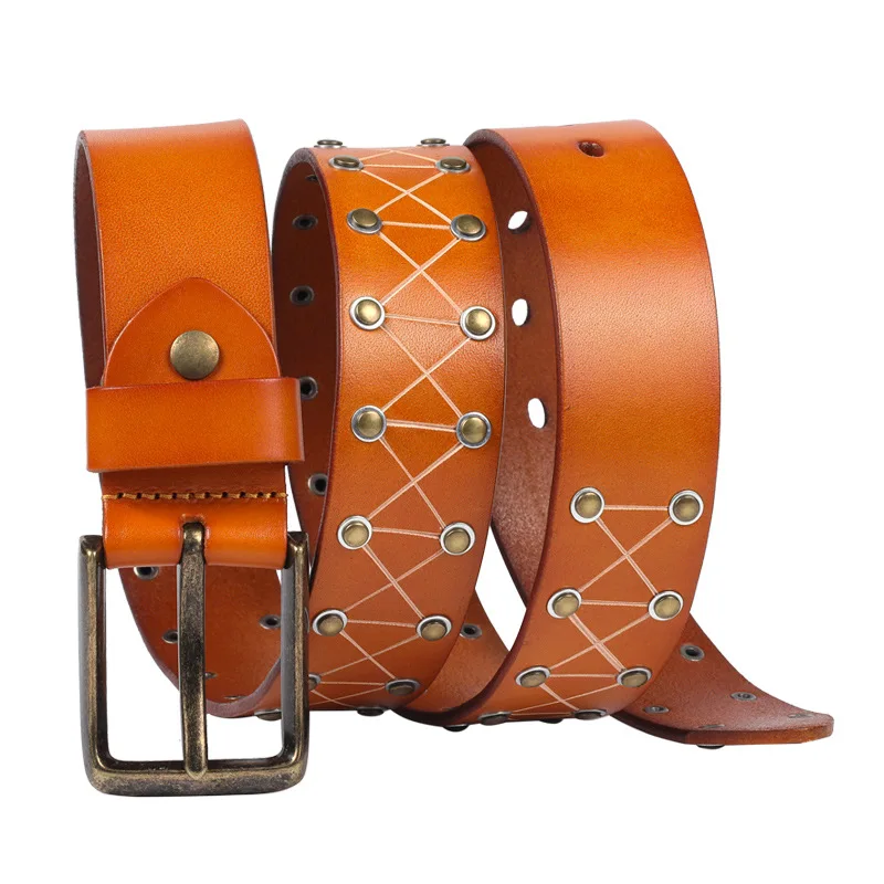 2023 New Punk Style Personalized Rivet Belt Original Design Handcarved Versatile Men\'s Cowskin Belt leather Casual belt