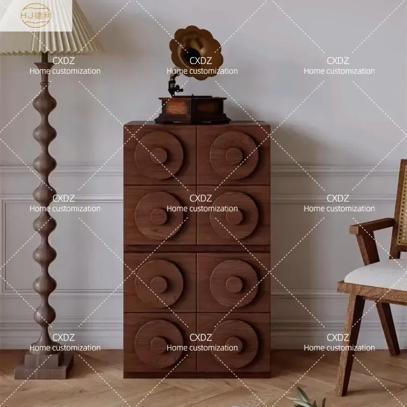 Retro Solid Wood Floor Cabinet with Card Door Design Modular Storage Unit for Living Room and Bedroom Medieval Style Locker
