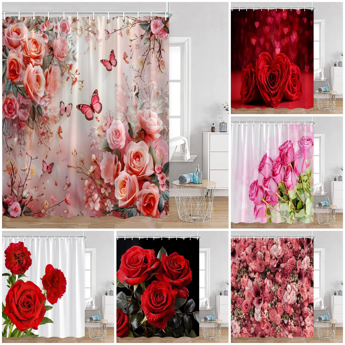 Red Roses Floral Shower Curtain Romantic Flower Plant Love Romance Bath Curtain Polyester Modern Bathroom Decoration with Hook