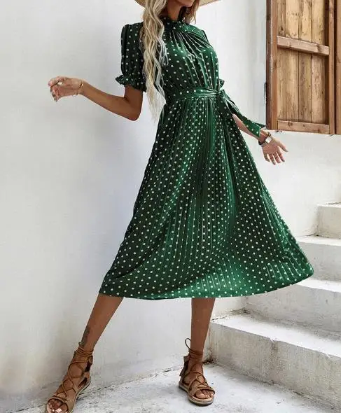 

2025 Summer New Women's Short Sleeved Polka Dot Round Neck Lace Up Pleated Dress for Women