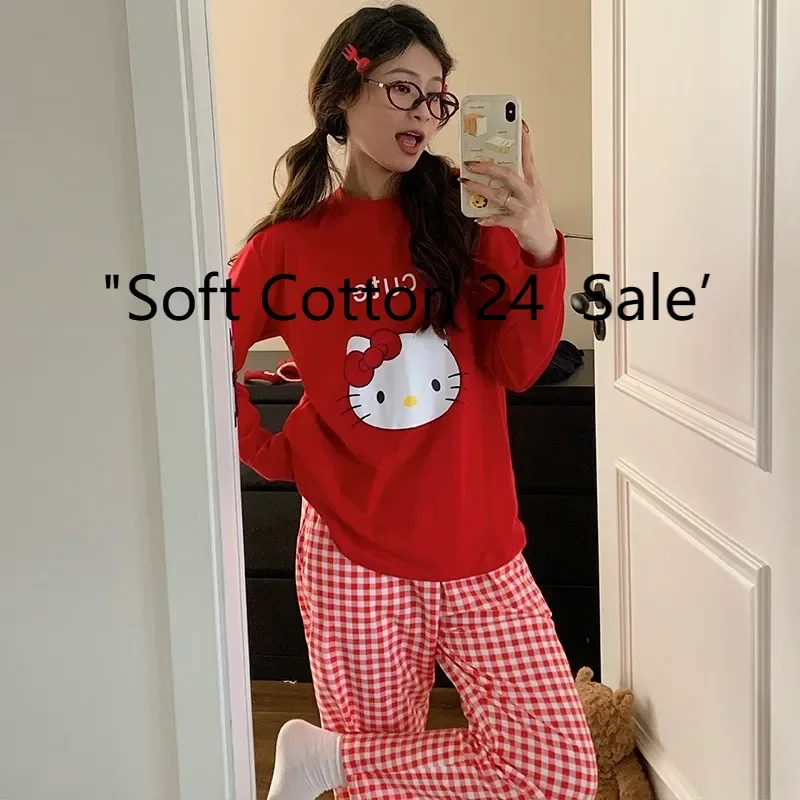 

Пижамы для девочек Hello Kitty, комплект из двух предметов с большими красными клетчатыми брюками и длинными рукавами, весенне-летняя домашняя одежда Hello Kitty с круглым вырезом
