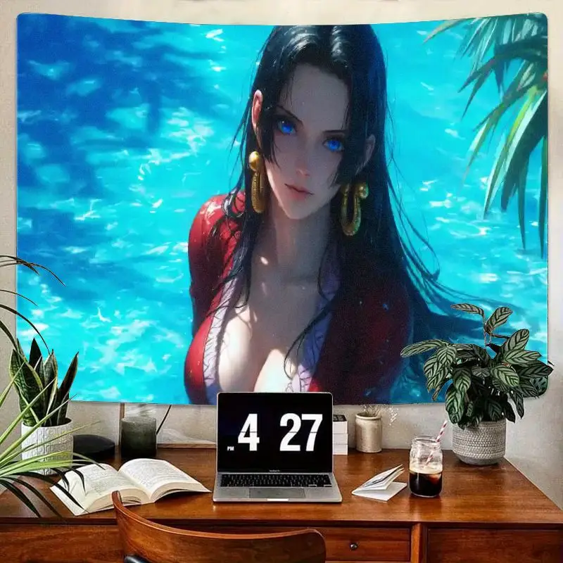 

1 шт., гобелен для девочек в стиле аниме, длинные черные волосы, голубые глаза, красный наряд, золотые серьги, водные пальмы, фруды, настенный художественный декор для спальни