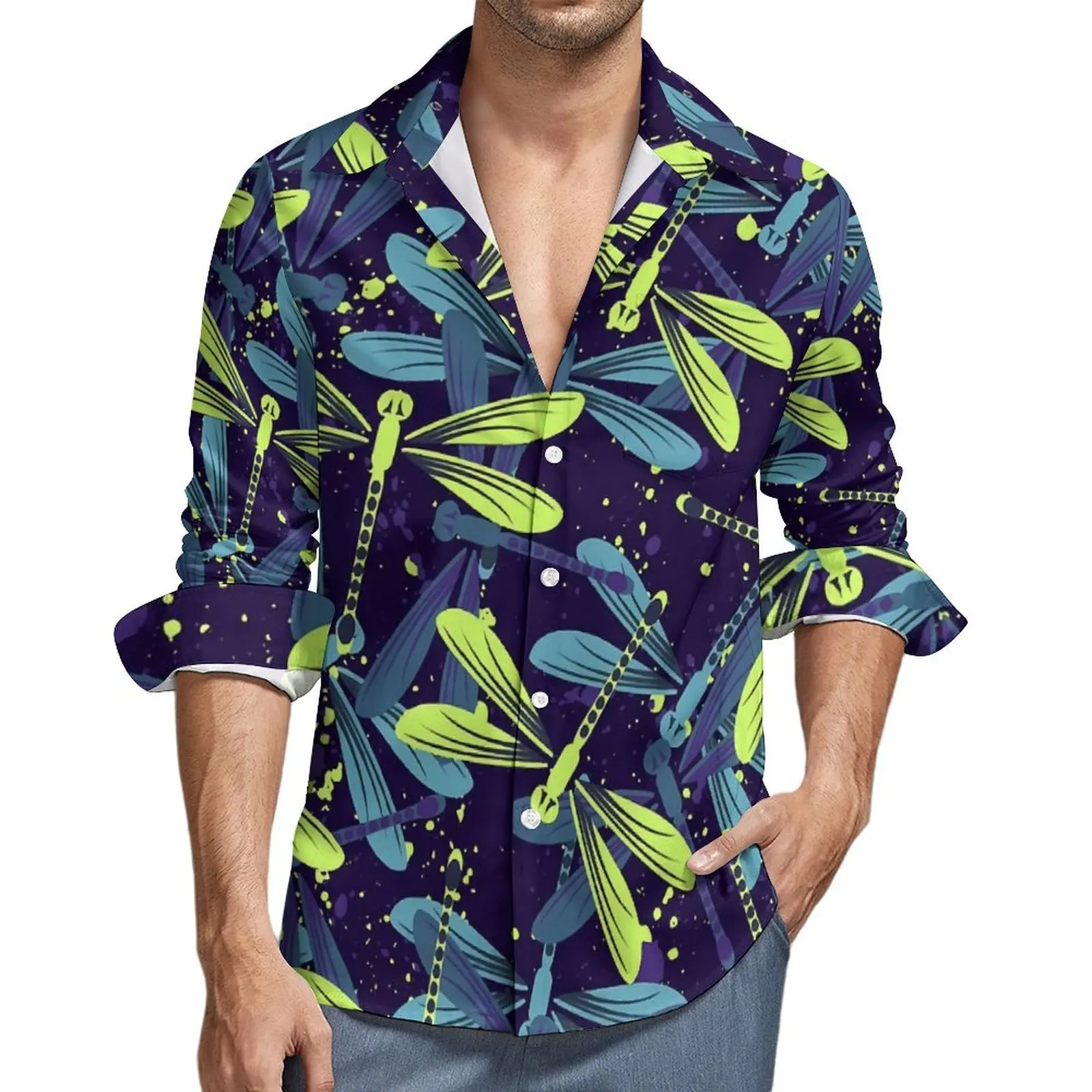 Dragonfly Print Hawaiian Shirt Man Beach Green And Blue Casual Shirts Short Sleeve Breathable Design Classic Plus Size Blouses