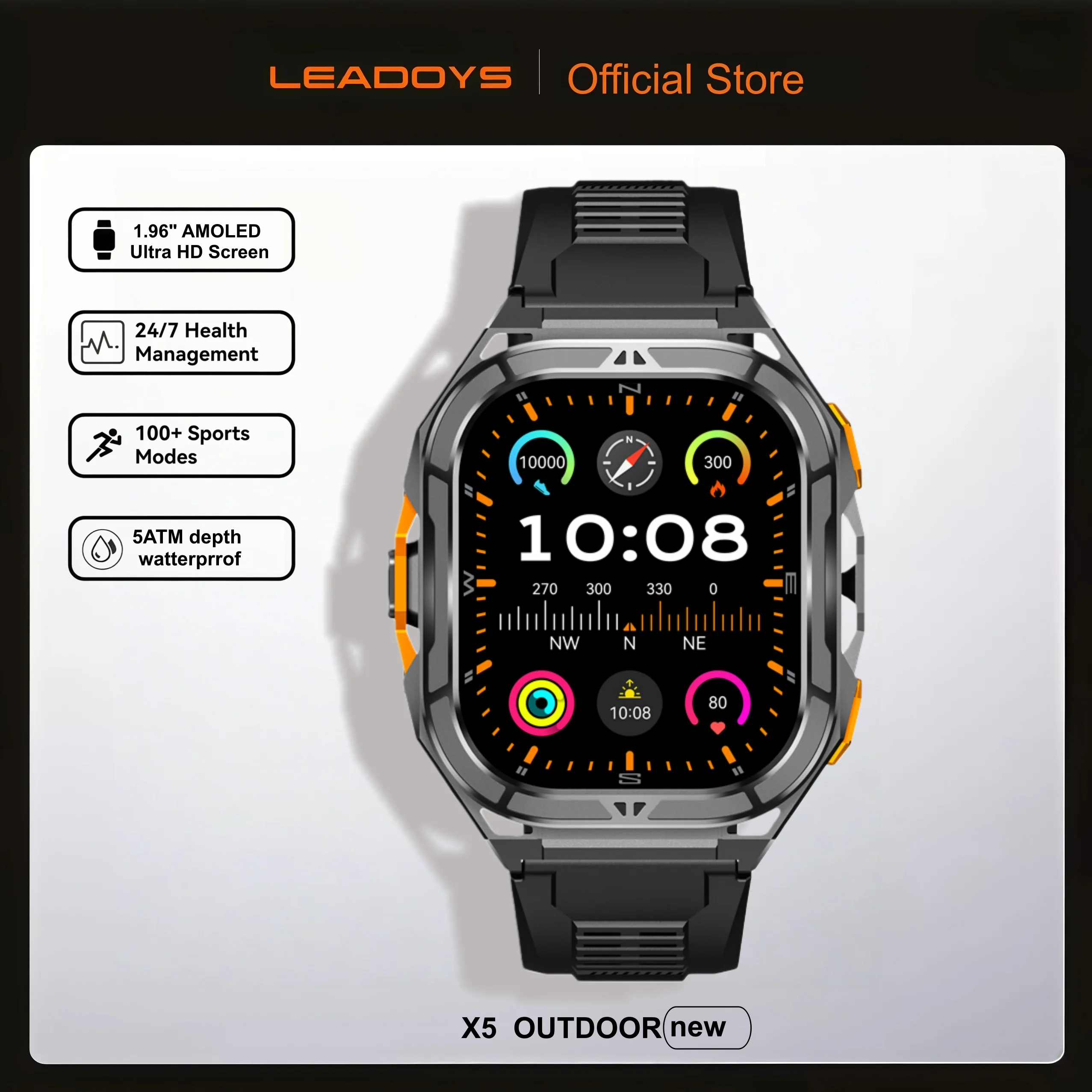 

LEADOYS 2025 New Outdoors Sports Smartwatch 1.96" AMOLED Screen 10ATM Waterproof with Built-in GPS Compass 600mAh BT Call Capabi