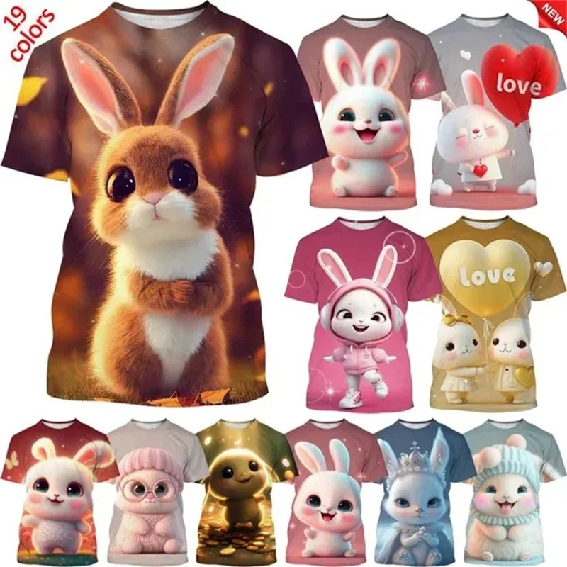 2024 Summer Hot Sale New Rabbit 3D Print T-Shirt Animal Round Neck Short Sleeve Fashion Unisex Casual Cute Tops Boys Girls Tees