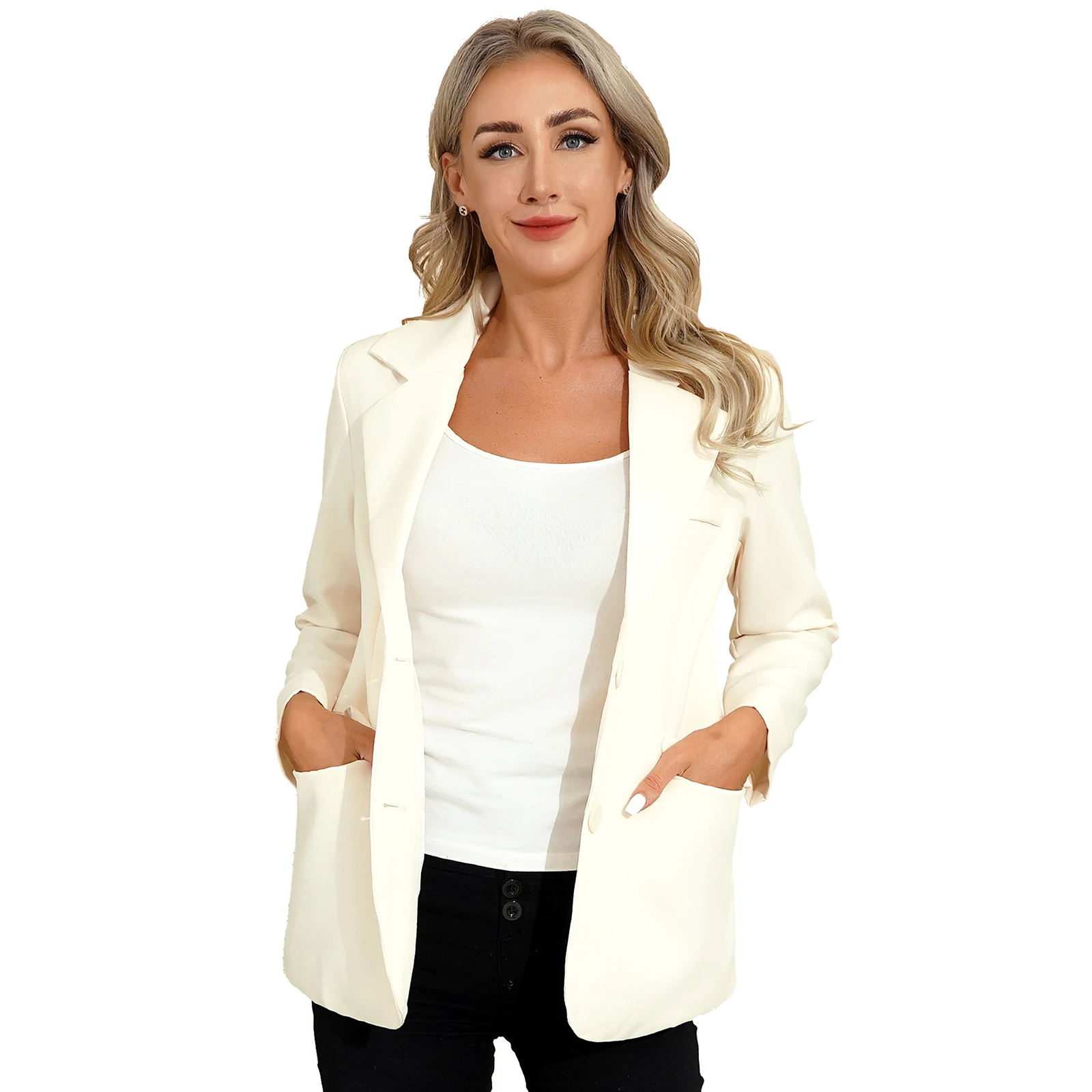 Women Casual Loose Long Blazer Long Sleeve Notch Lapel Two-Button Flap Pockets Blazer Outerwear