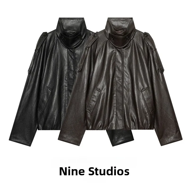 NINE ZAR Women's Short Biker Style PU Coated Jacket Large Silhouette Leather Coat Long Sleeve Zipper Closure Regular Length