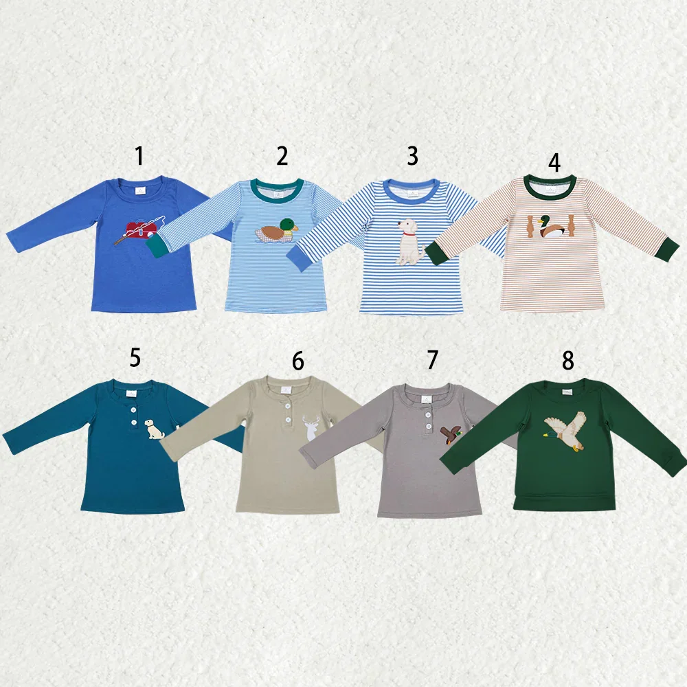 

z924-01 BT0364 Wholesale Summer kids clothes boy embroidery duck dark green Long-Sleeved top Boutique Children clothing