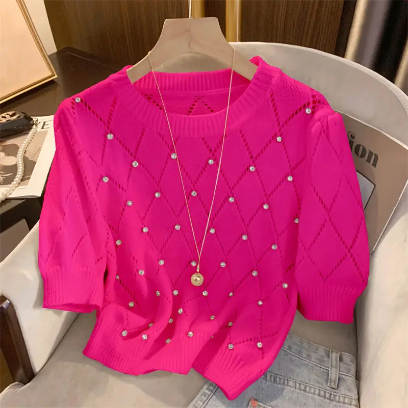 Rhombus Hollow Out Diamond-encrusted Short-sleeved Sweater Women's 2024 New Chic Fashion Loose Round Neck Pullover