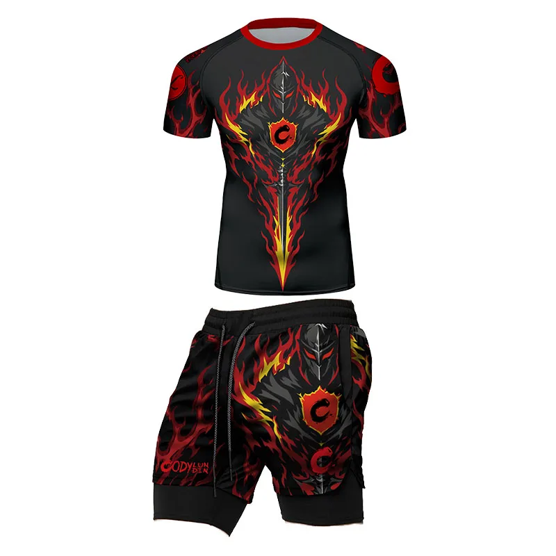 Men's MMA BJJ Compression Set Black Red Flame Sword Print Short/Long Sleeve Rash Guard Training Shorts Leggings Boxing Jiu Jitsu