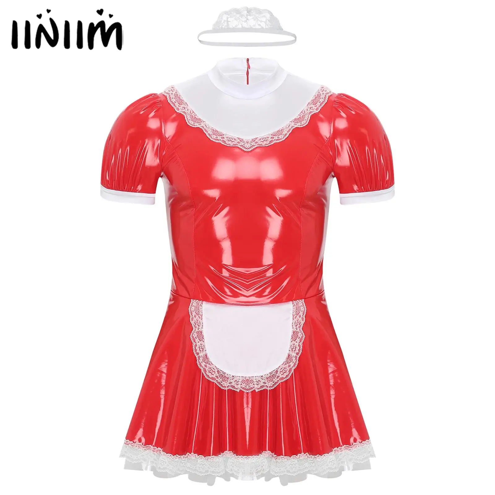 Mens Sissy Patent Leather French Maid Cosplay Dress with Lace Headband Ruffles Lace Apron Puff Sleeve A-Line Crossdresser Dress