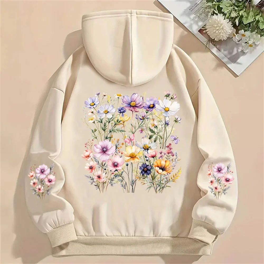 Boho Style Wild Flower Daisy Graphic Hoodie Women Long Sleeve Autumn Hooded Vintage Flower Trend Fashion Sweatshirts with Pocket