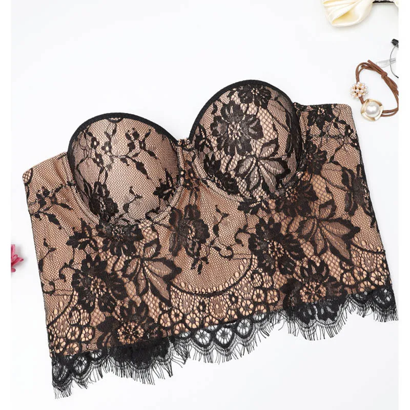 Lace Floral Corset for Women Long Bra Wear Outside Bustier Party Vintage Gothic Bodice Strap Corselet Nude