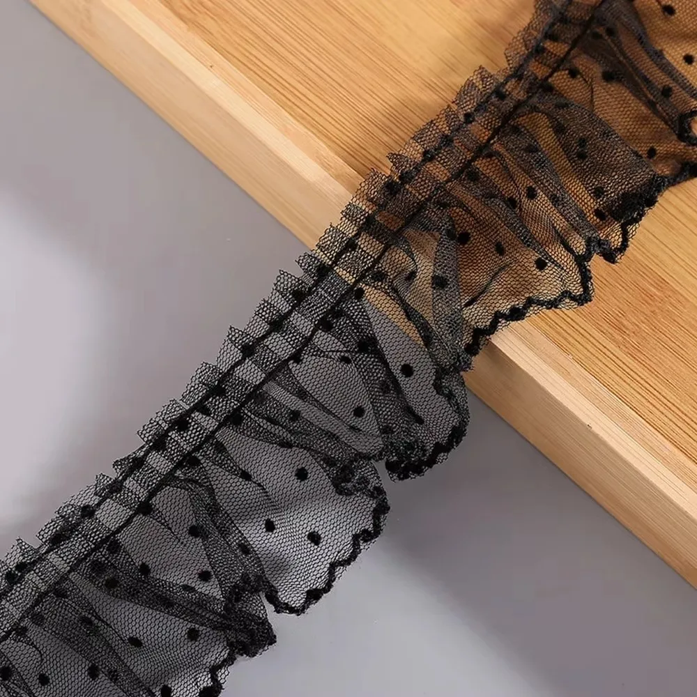 Decoration Material Black/White Mesh Lace Trim Vintage Elegant Polka Dot Mesh Ribbon Soft 6CMx1M Pleated Lace Trim Sewing Crafts