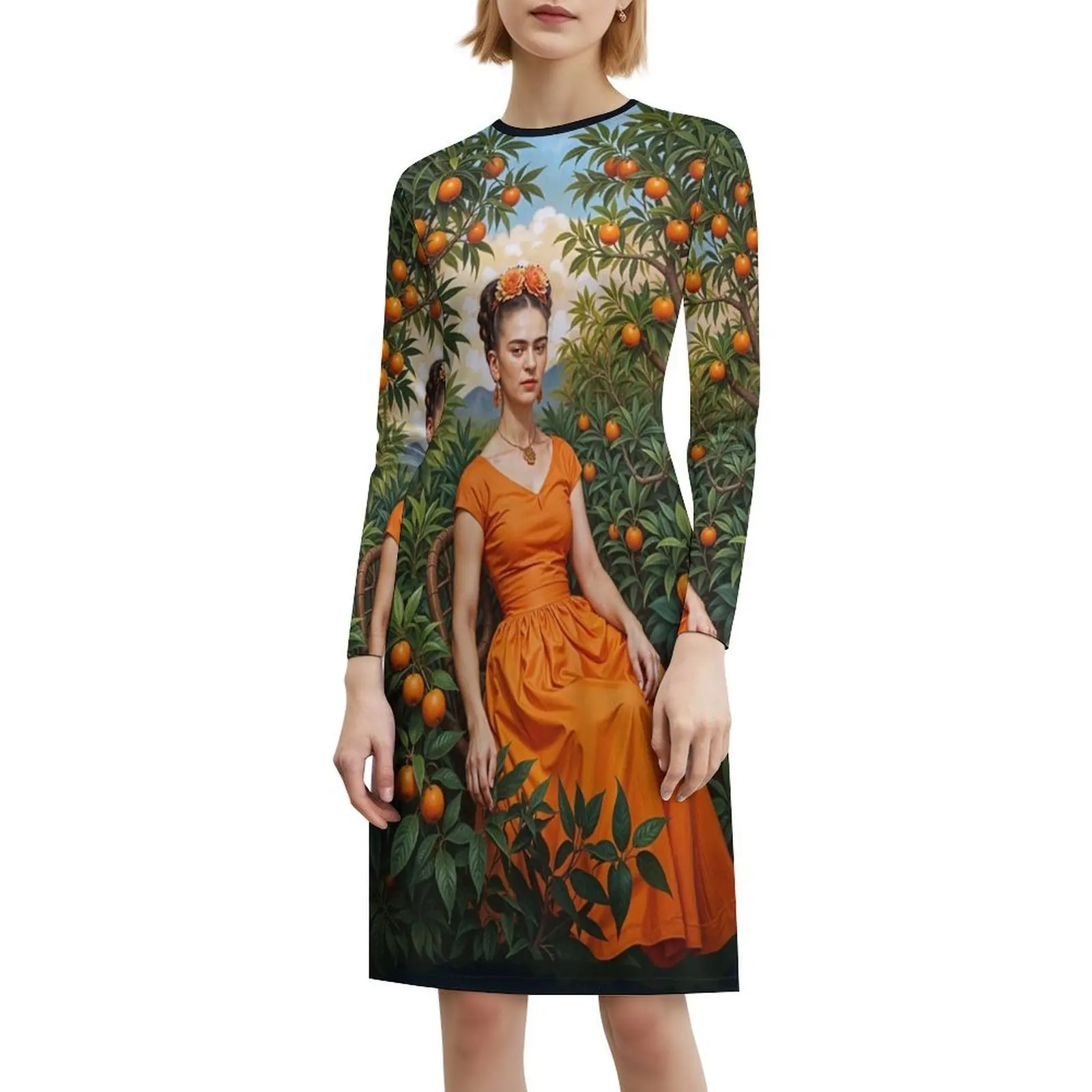 فستان بوهيمي محاط بشجرة برتقالية بدون أكمام متعدد الطباعات لحفلات عطلة الشاطئ برتقالي كاهلو فن شجرة برتقالية #6