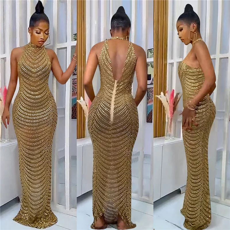 Sparkly Crystal Rhinestone Bodycon Maxi Dress Women Wedding Evening Backless Mesh See Through Night Party Club Birthday Dress - Image 4