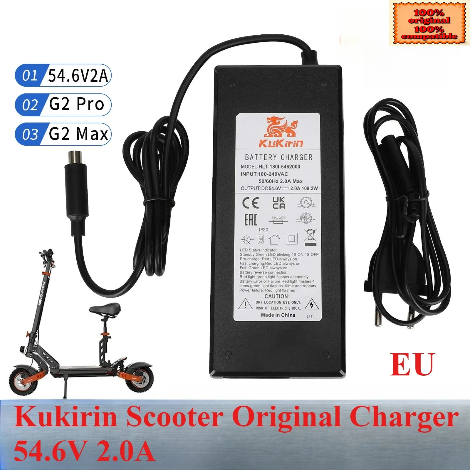 

Suitable for Kukirin G2Pro/G2Max scooter original charger input 100-240V output 54.6V 2.0A