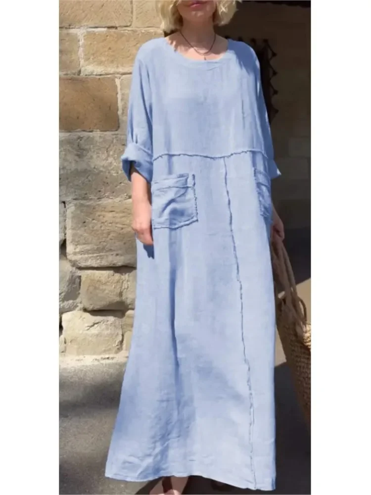 Summer Casual Loose Long Dresses Simple Pocket Cotton Linen Dress Women Casual Solid Color Round Neck Big Hem Boho Dress Female