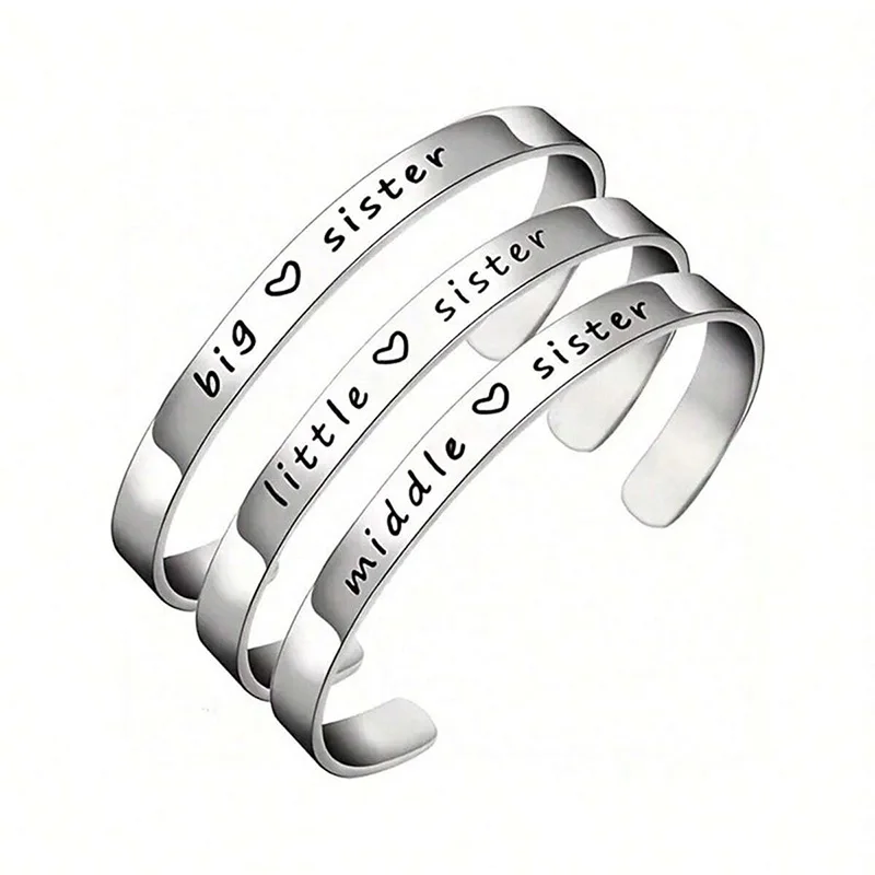 Silver Color Big Middle Litter Sister Cuff Bracelet Stainless Steel Engraved Bangles Family Friendship Jewelry Gifts